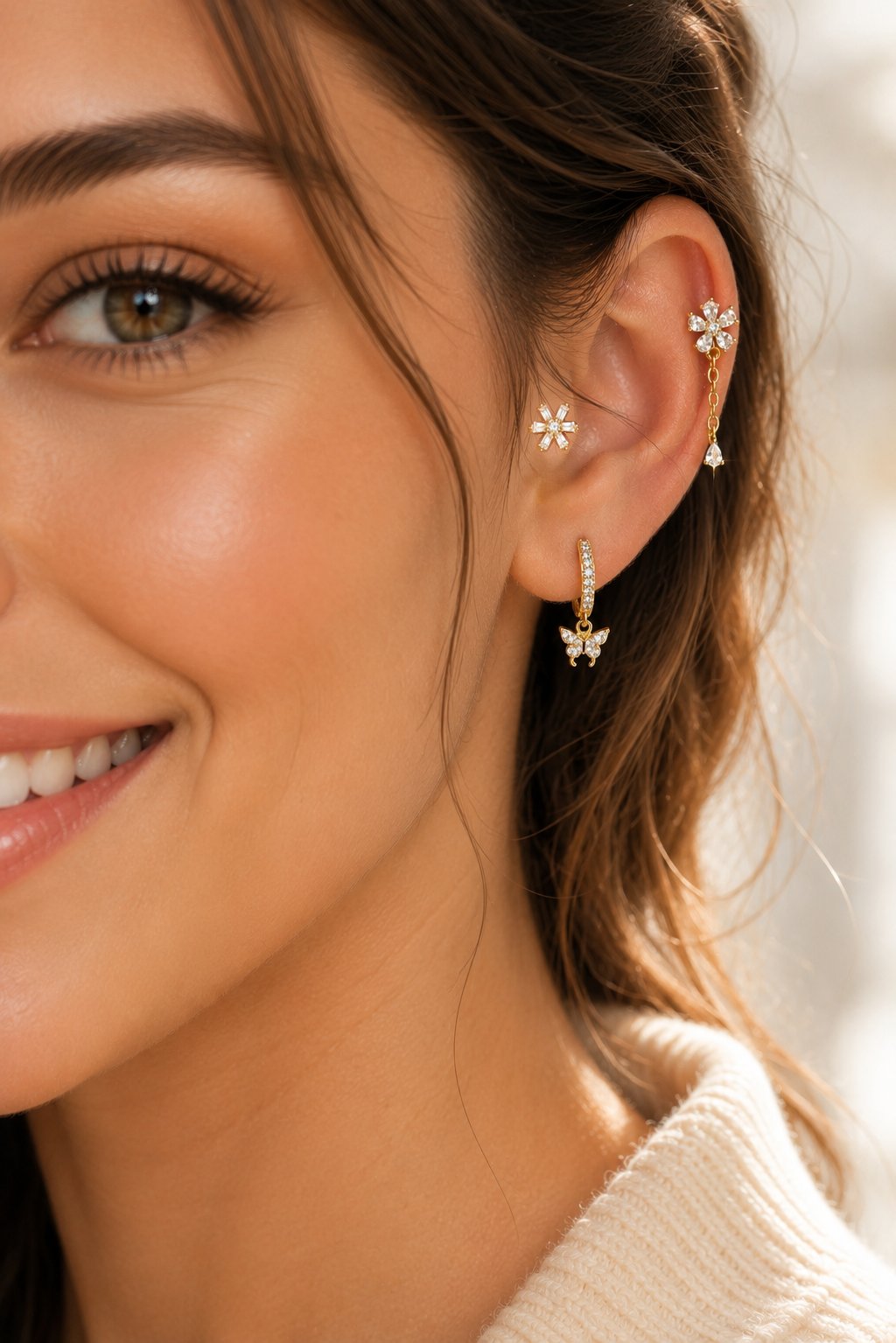 Bahar Esintisi 3'lü Piercing Seti Gold Kelebek Halka ve Zirkon Taşlı Çiçek Piercing