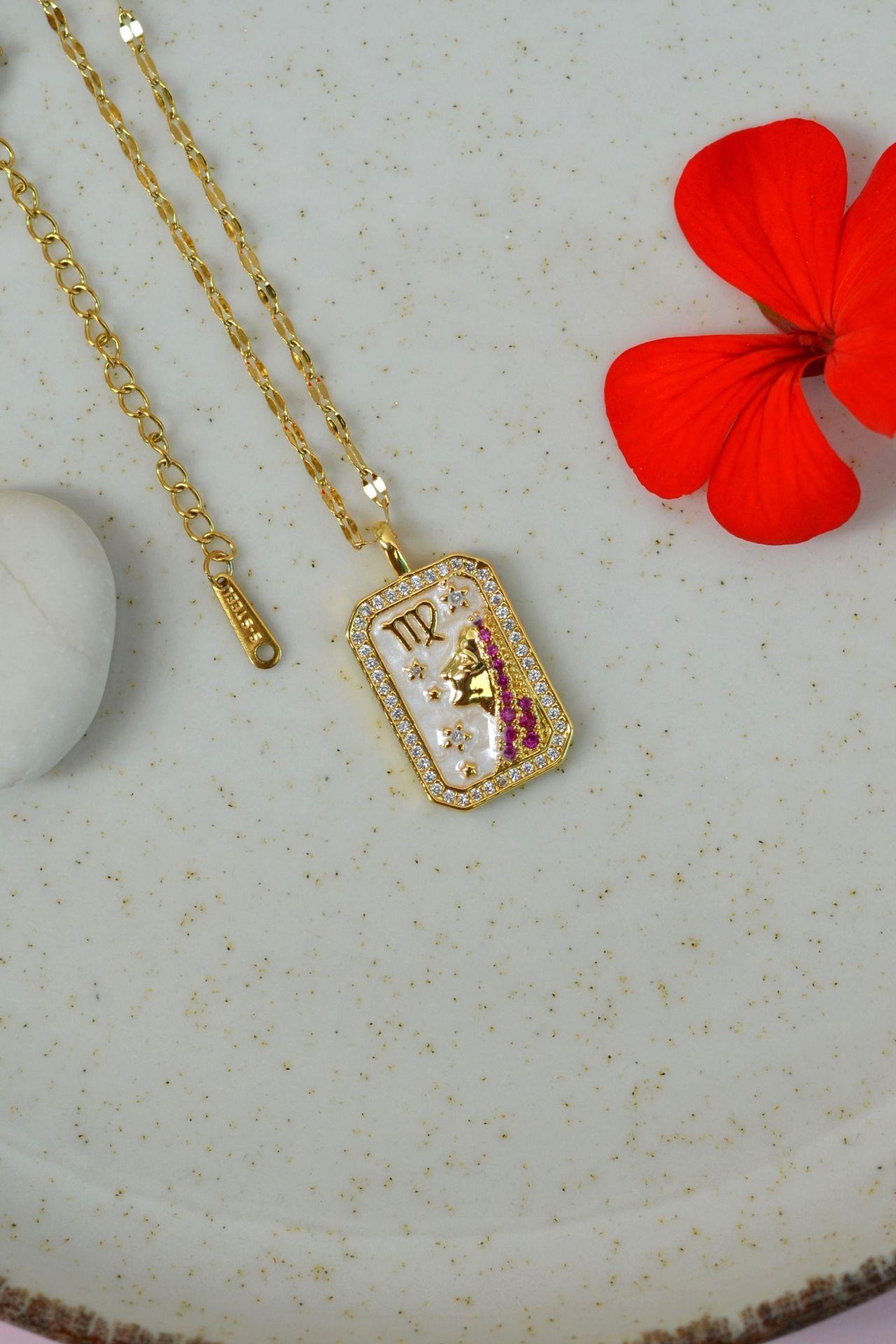 Başak Burcu Kolye Çelik Burç Kolye Başak Gold Renk