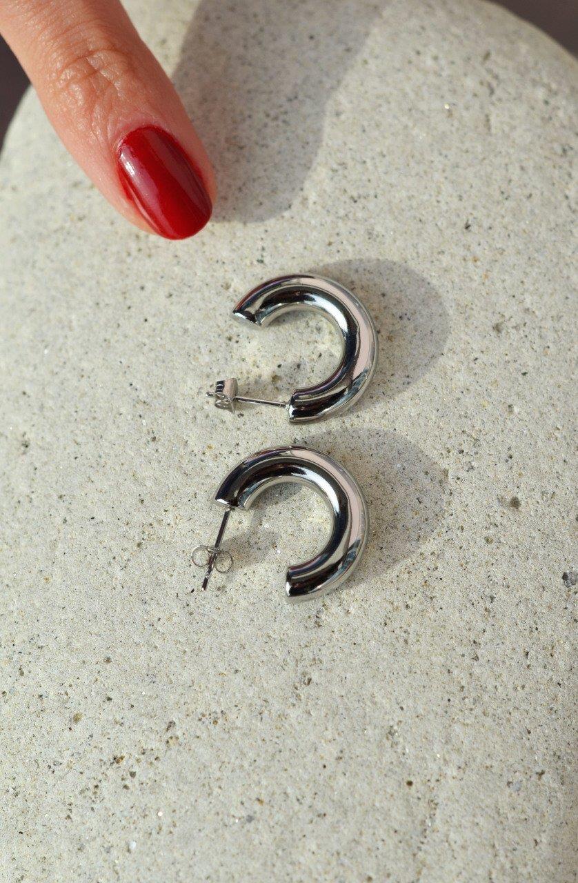 Bombeli Çelik Halka Küpe Gümüş Renk