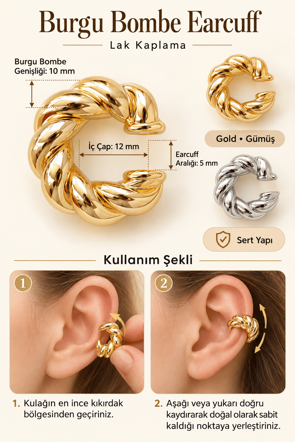 Burgu Model Bombeli Earcuff Büyük Bombeli Kıkırdak Küpesi Gold Renkli