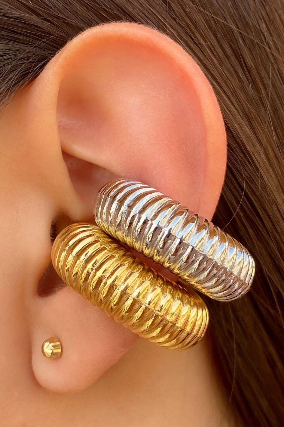 Büyük Bombeli Earcuff Geniş Halka Kıkırdak Küpesi Gümüş Renk