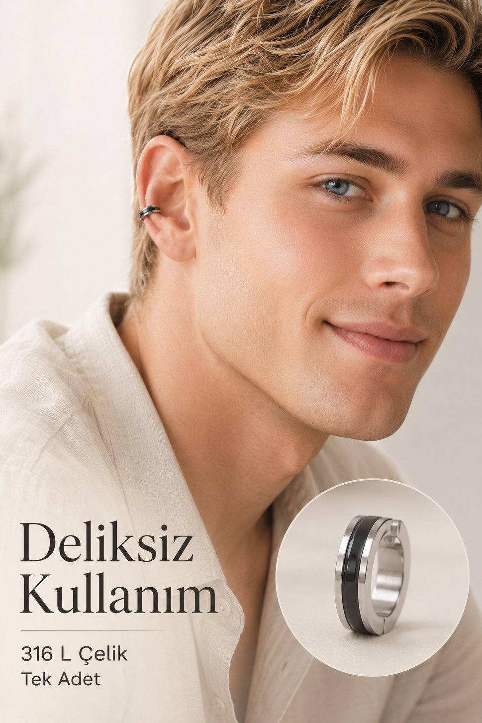 Çelik Erkek Deliksiz Küpe Sıkıştırmalı Küpe İki Renkli