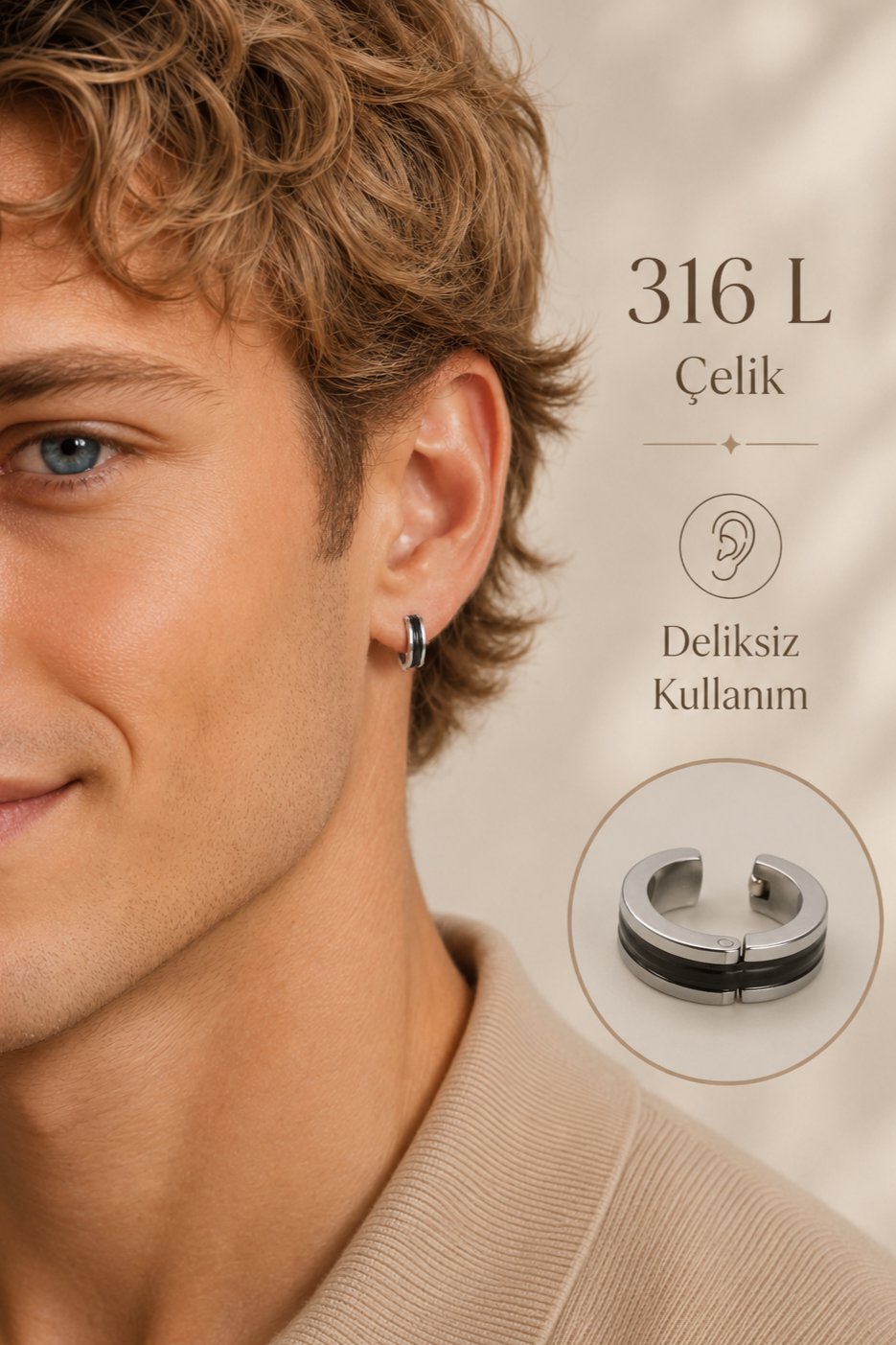 Çelik Erkek Deliksiz Küpe Sıkıştırmalı Küpe İki Renkli
