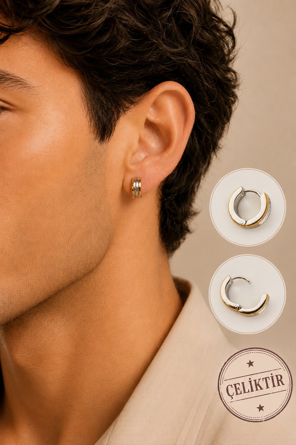 Çelik Erkek Halka Küpe 9 mm Gold Gümüş Çizgili Bombeli Tek Adet Unisex