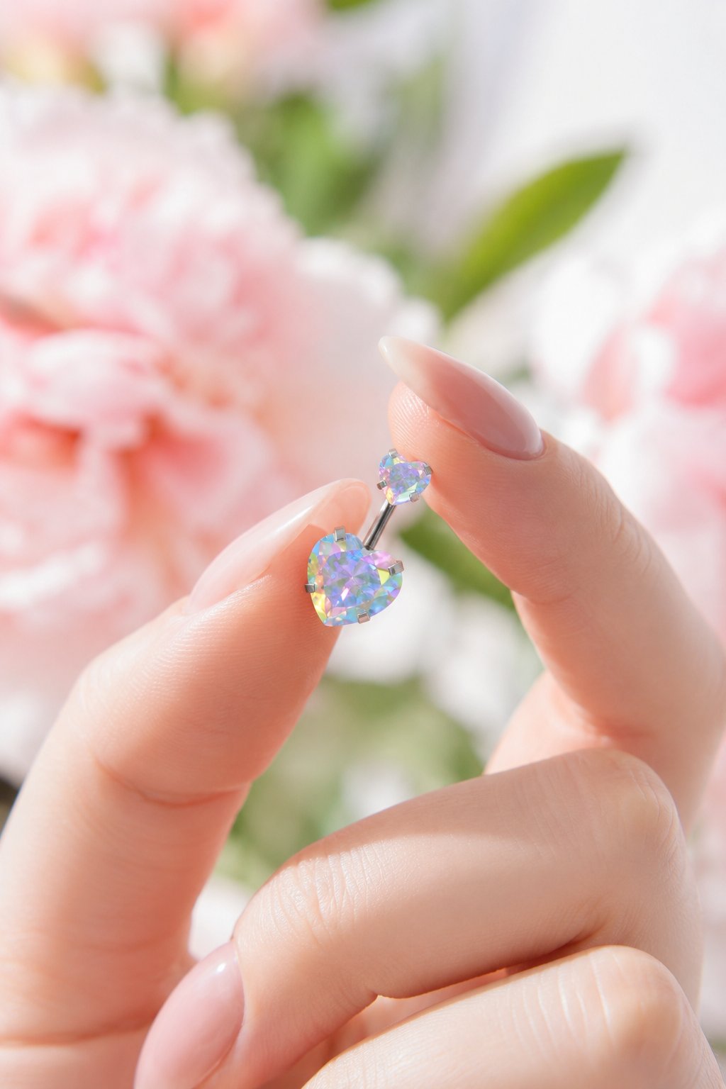Çelik Hologram Kalp Model Tektaş Göbek Piercing Gümüş Renkli