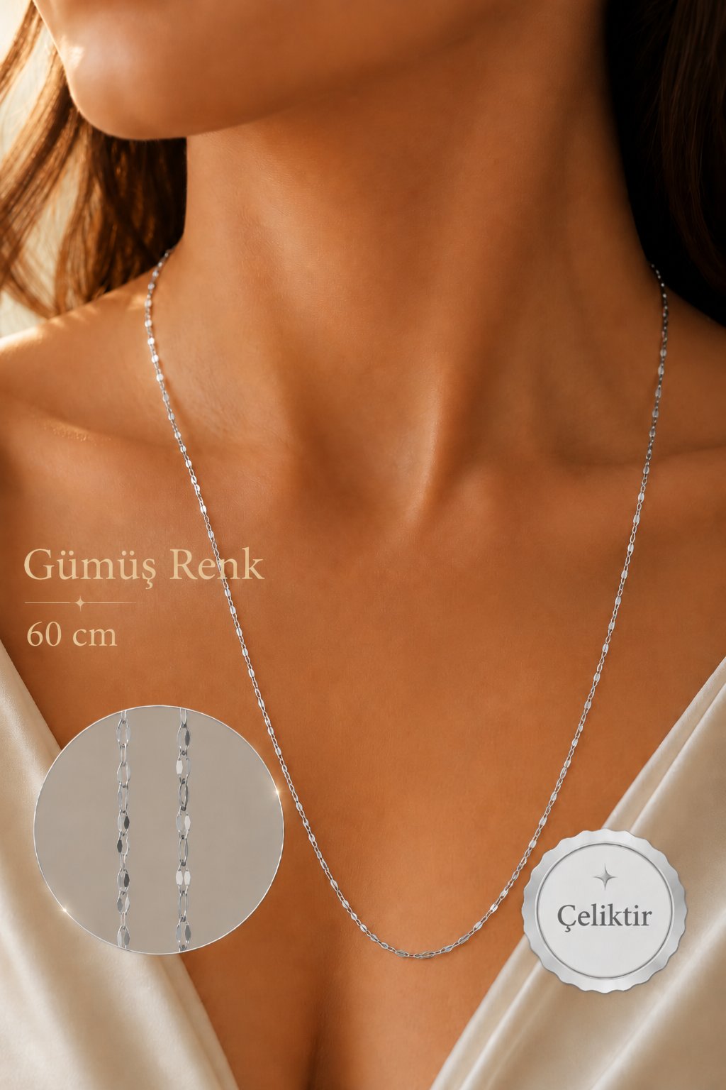 Çelik Işıltılı İnce Uzun Zincir Kolye 60 cm