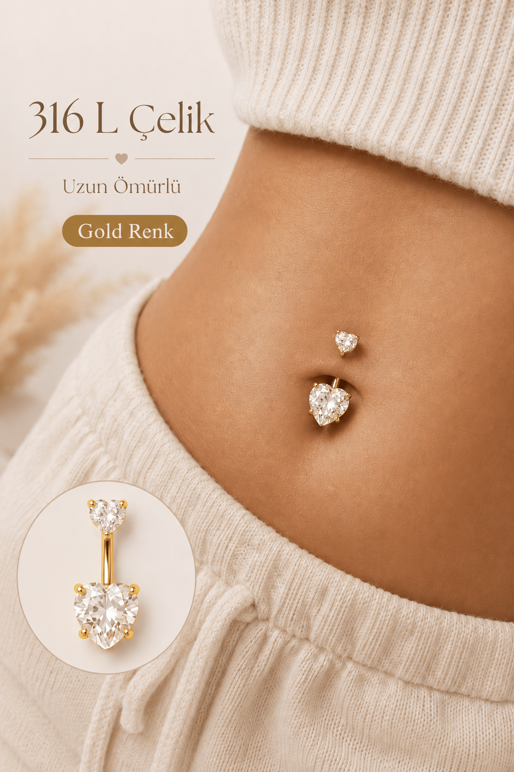 Çelik Kalp Model Tektaş Göbek Piercing Gold
