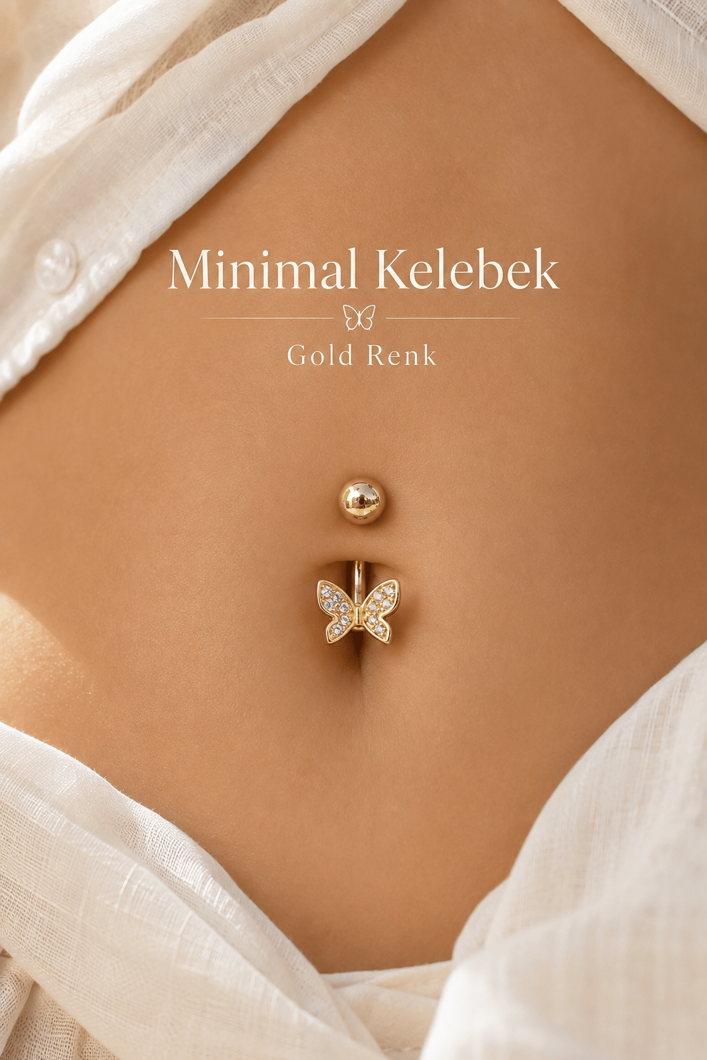 Çelik Kelebek Figürlü Minimal Göbek Piercing Gold