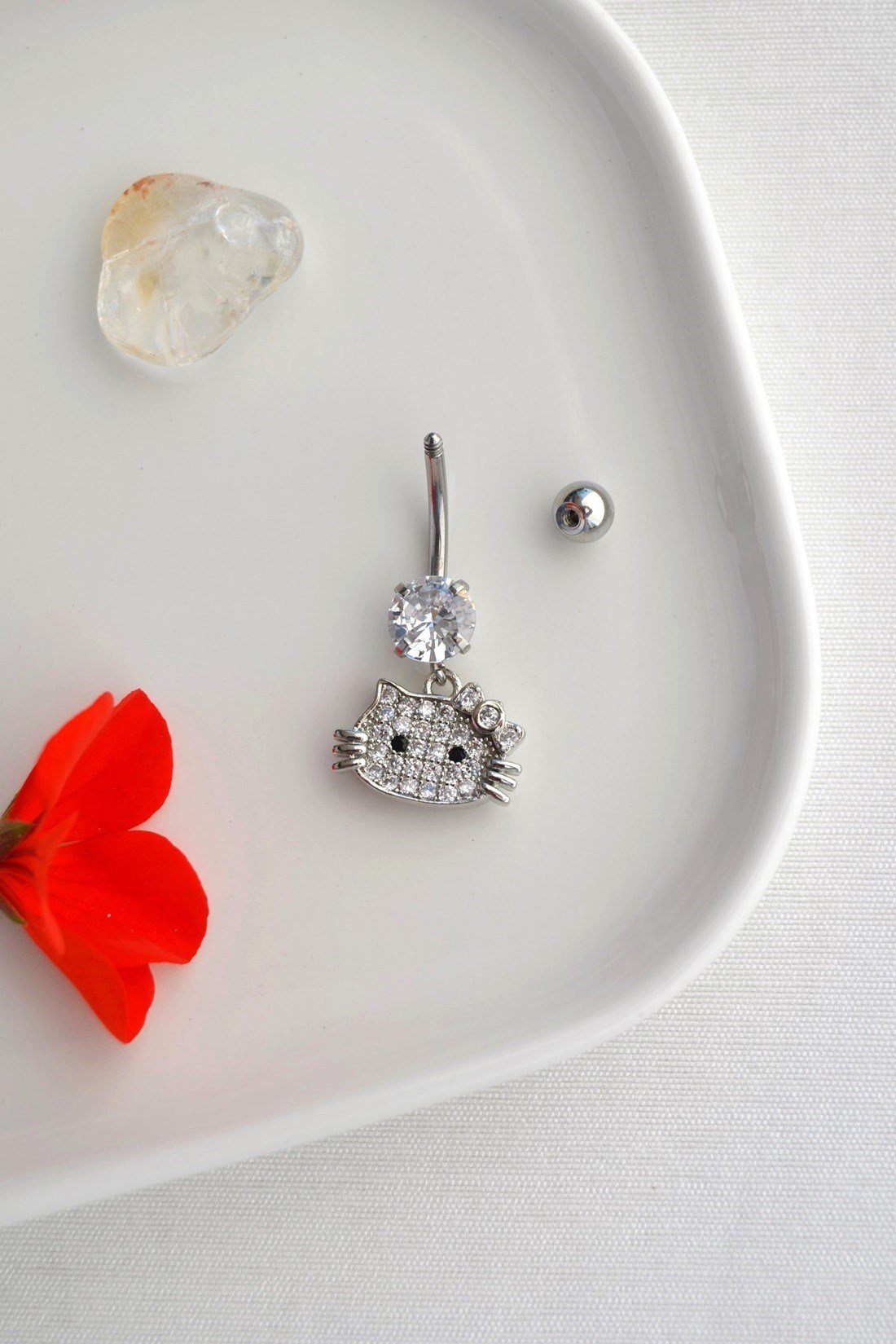 Çelik Kitty Kedicik Göbek Piercing Gümüş Renkli