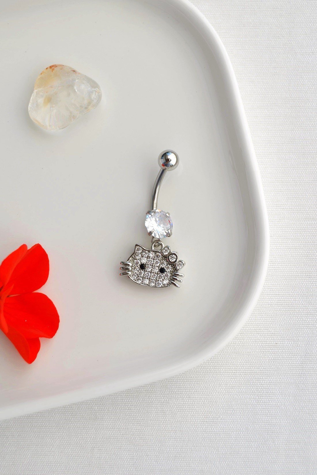 Çelik Kitty Kedicik Göbek Piercing Gümüş Renkli
