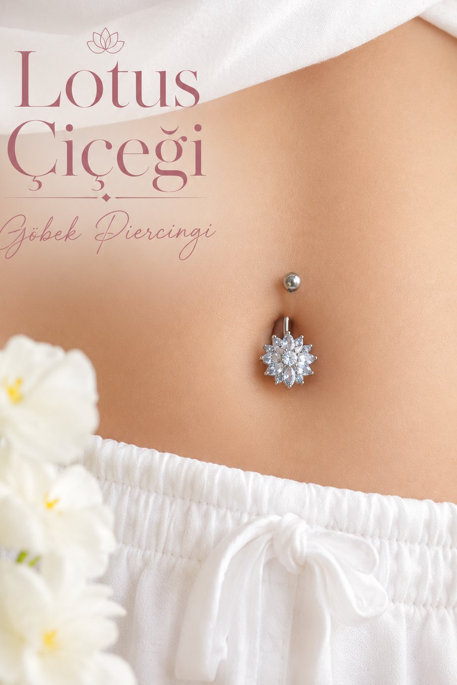Çelik Lotus Çiçeği Göbek Piercingi Gümüş Renkli