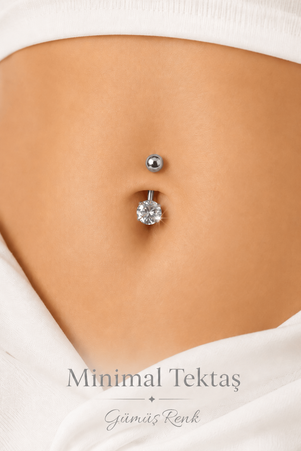 Çelik Minimal Tektaş Göbek Piercingi Zirkon Taşlı