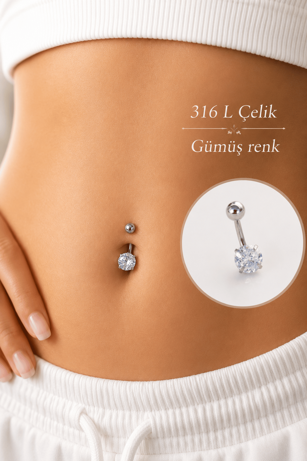 Çelik Minimal Tektaş Göbek Piercingi Zirkon Taşlı