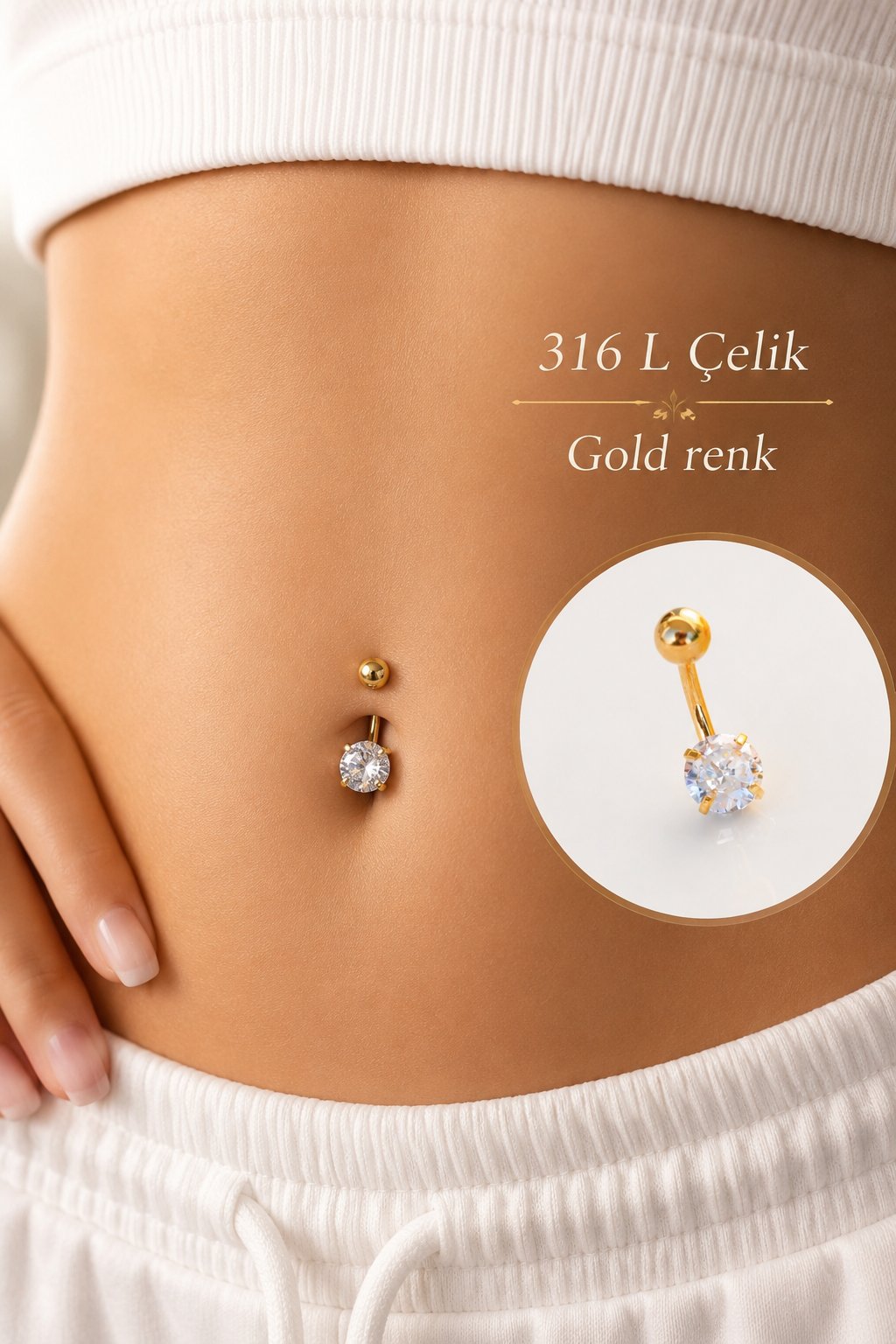 Çelik Minimal Tektaş Göbek Piercingi Zirkon Taşlı
