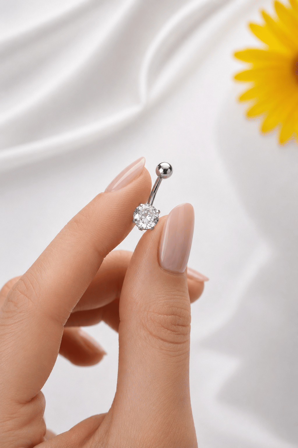 Çelik Minimal Tektaş Göbek Piercingi Zirkon Taşlı