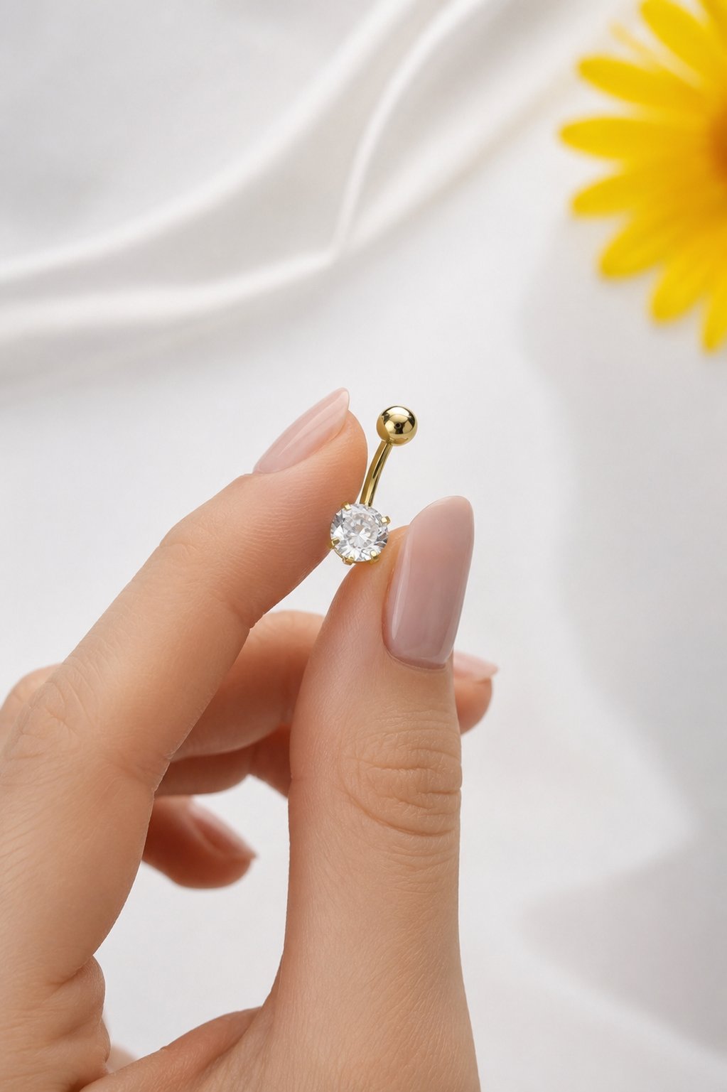 Çelik Minimal Tektaş Göbek Piercingi Zirkon Taşlı