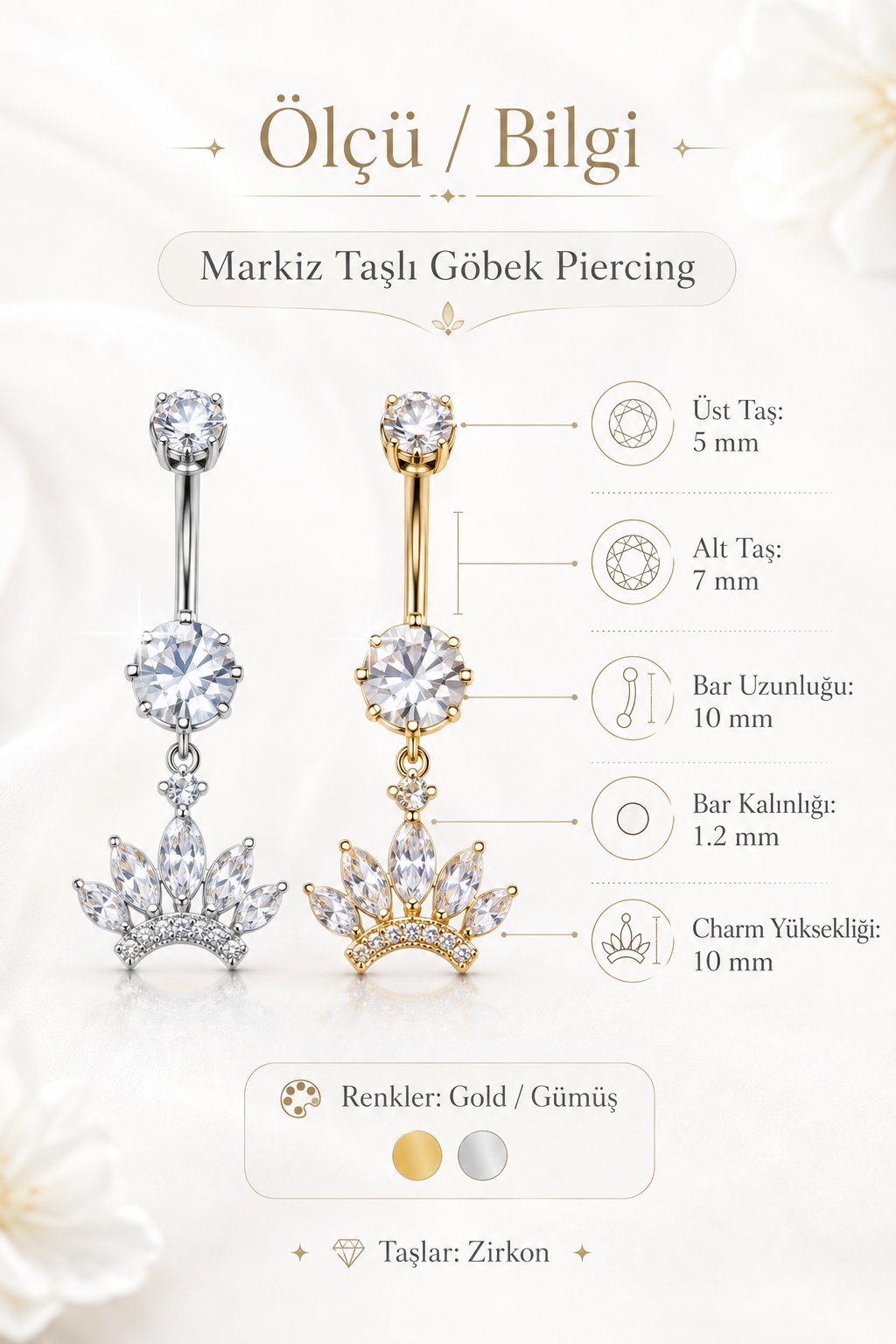 Çelik Prenses Tacı Göbek Piercing Gold
