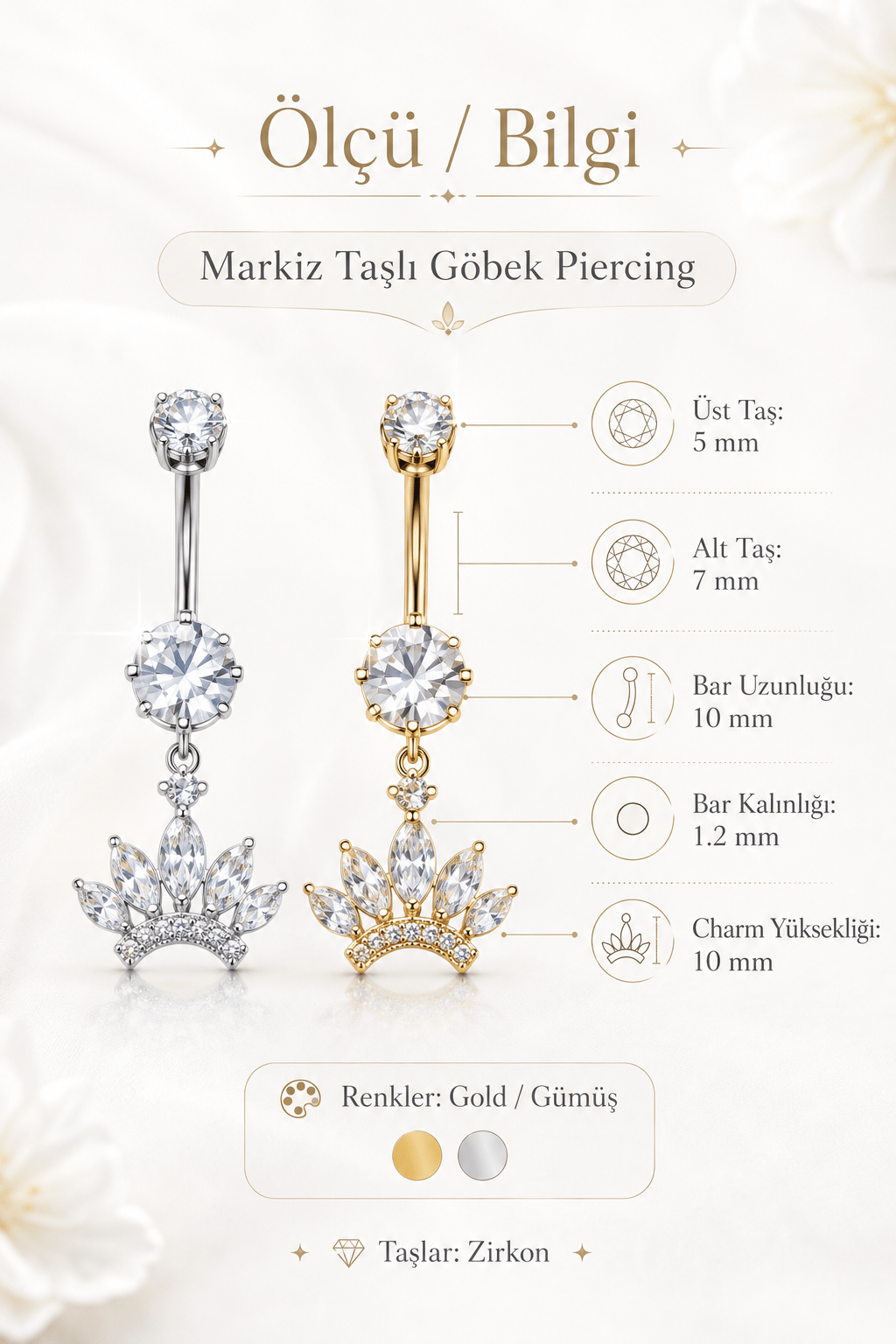 Çelik Prenses Tacı Göbek Piercing Gümüş Renk