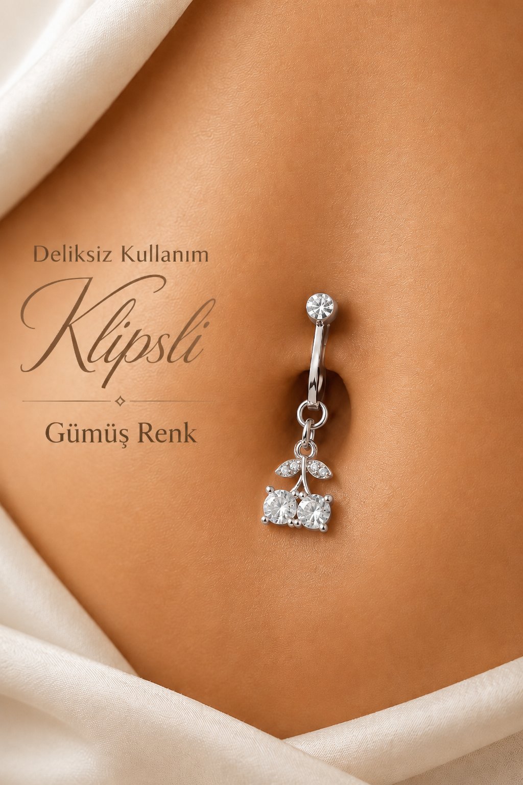 Çift Tektaş Kiraz Klipsli Göbek Piercingi Deliksiz Zirkon Taşlı Çelik