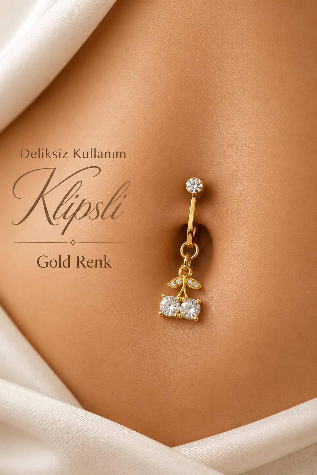 Çift Tektaş Kiraz Klipsli Göbek Piercingi Deliksiz Zirkon Taşlı Çelik