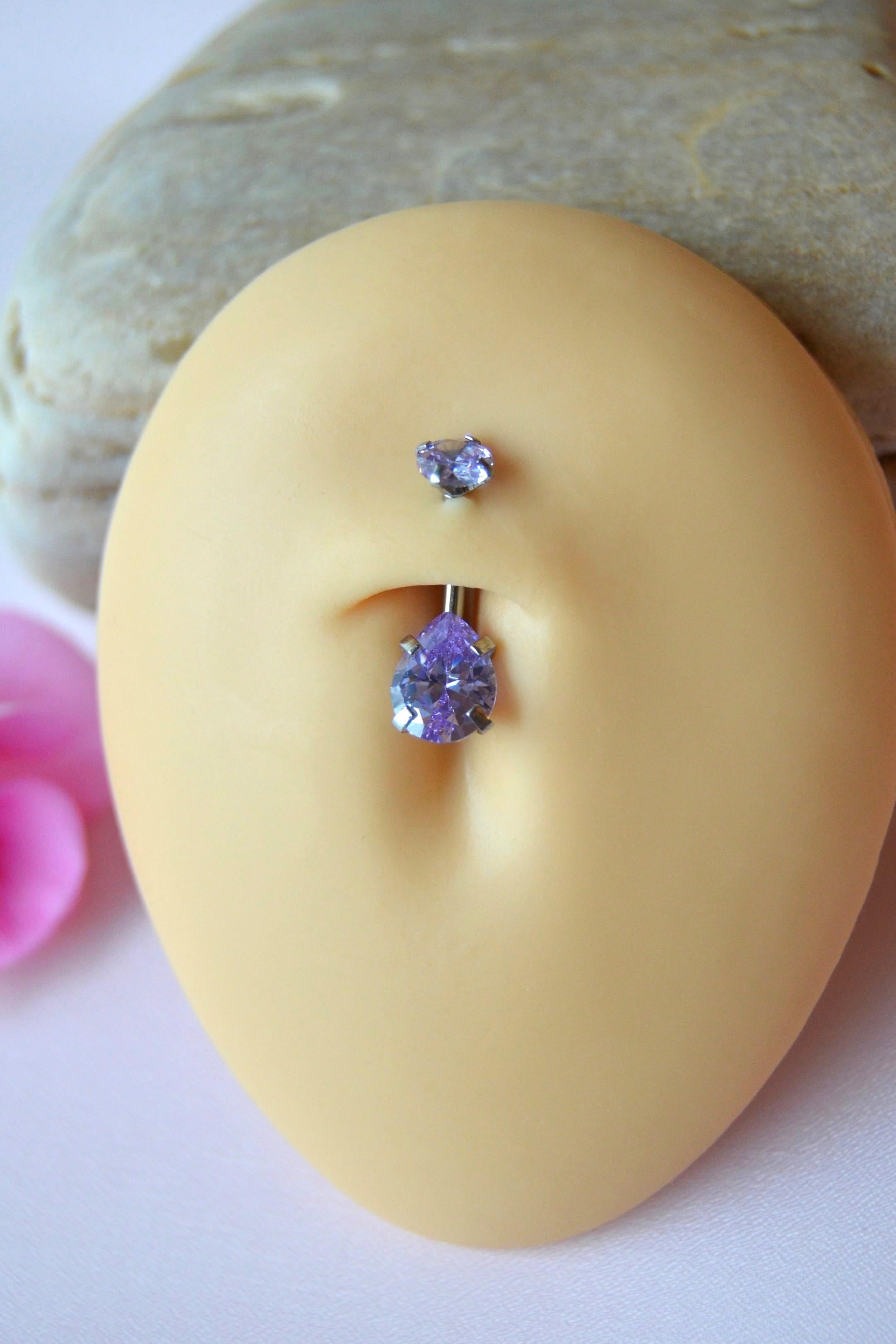 Damla Taş Model Çelik Göbek Piercingi Lila Mor Zirkon Taşlı