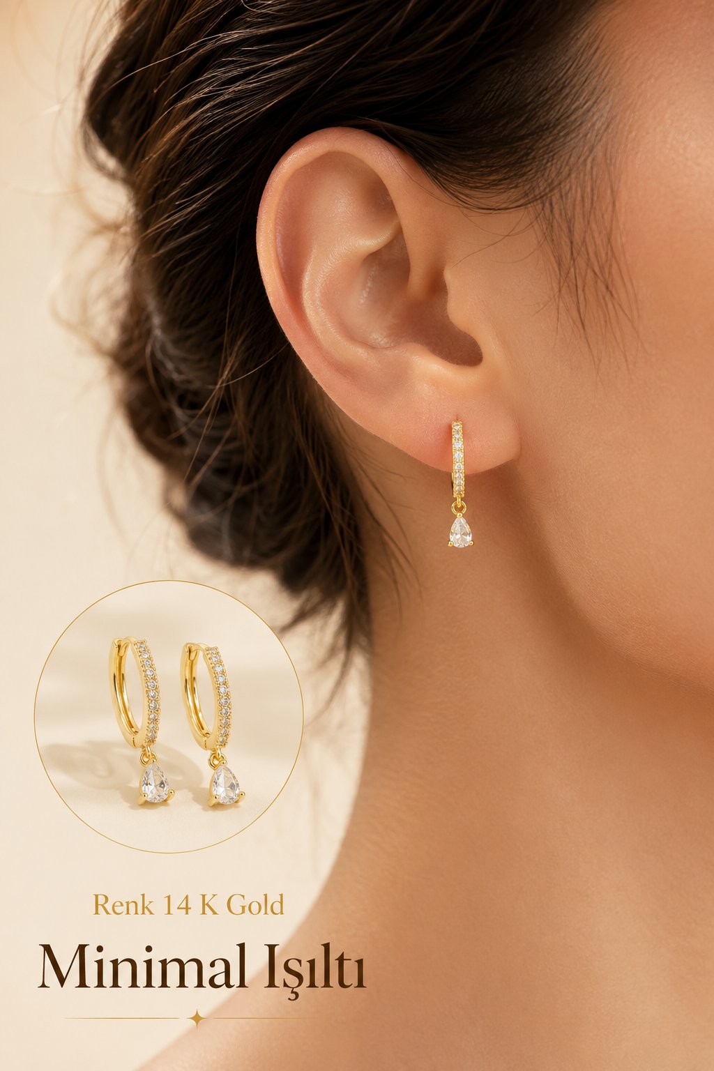 Damla Taşlı Mini Halka Küpe | Zirkon Taşlı Mini Charmlı Rose Gold Küpe