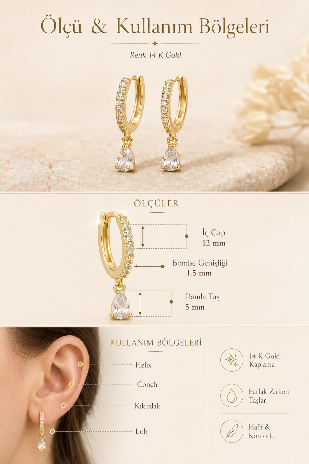 Damla Taşlı Mini Halka Küpe | Zirkon Taşlı Mini Charmlı Rose Gold Küpe