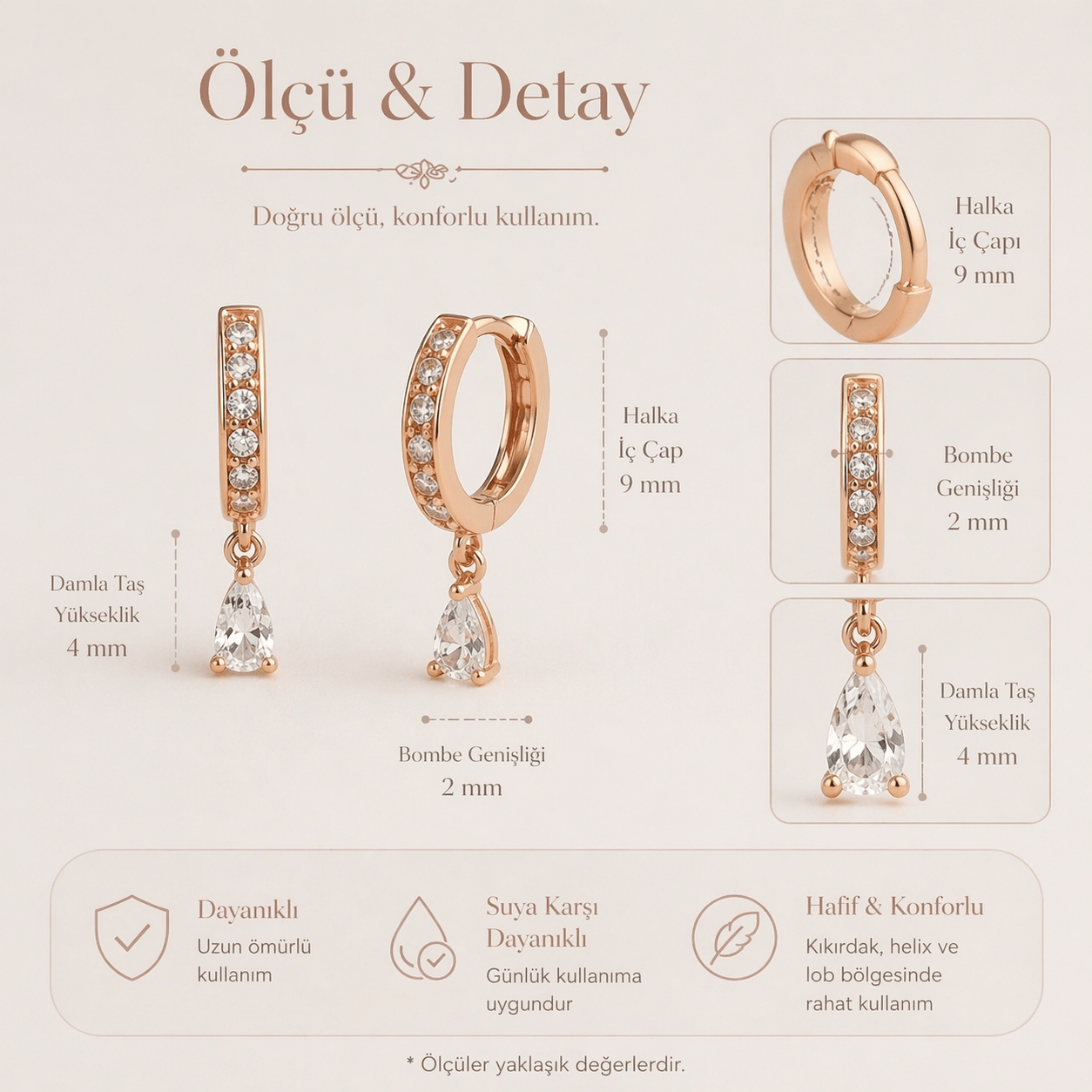 Damla Zirkon Taşlı Halka Küpe Rose Gold 1 Çift