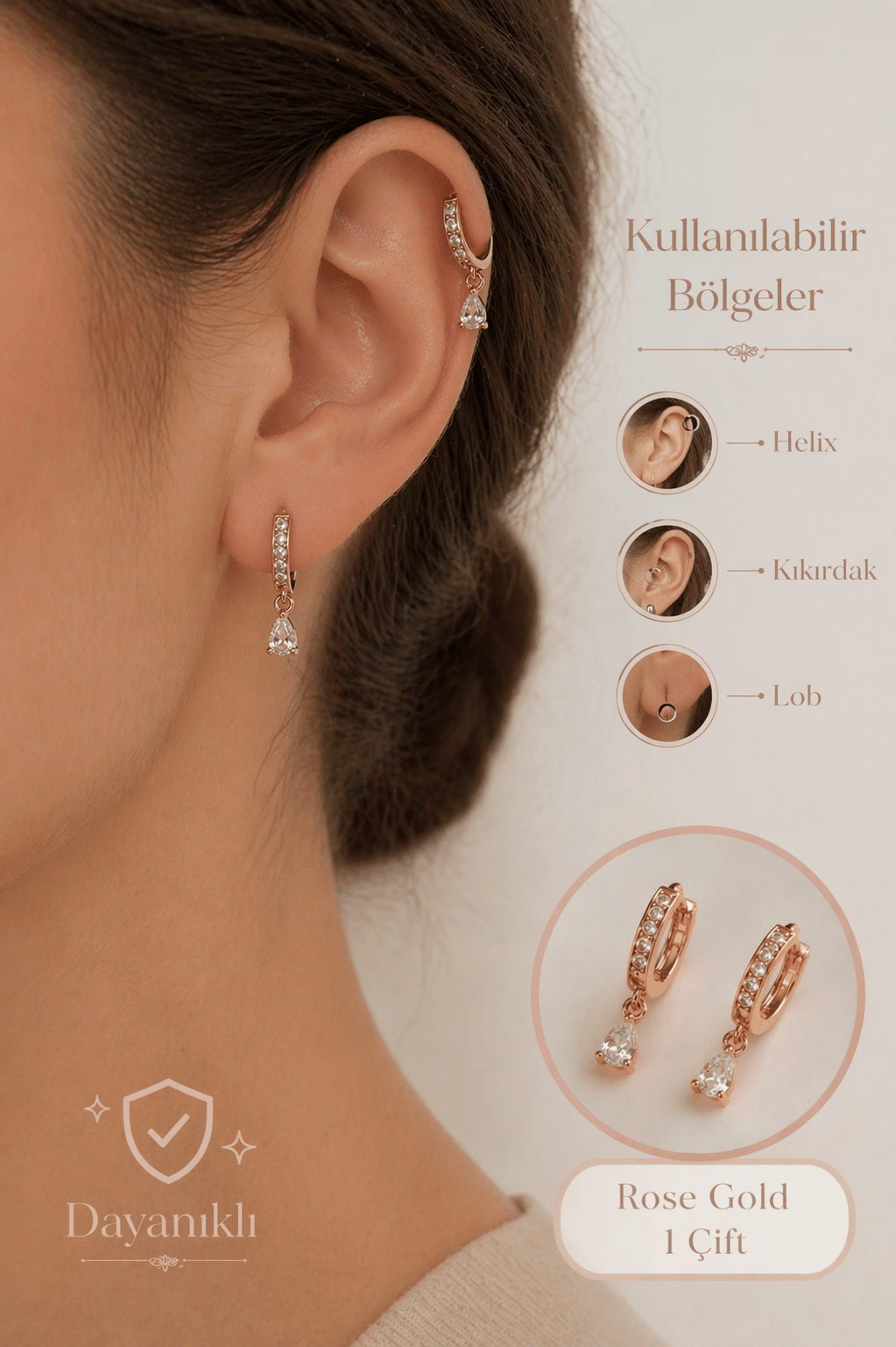 Damla Zirkon Taşlı Halka Küpe Rose Gold 1 Çift