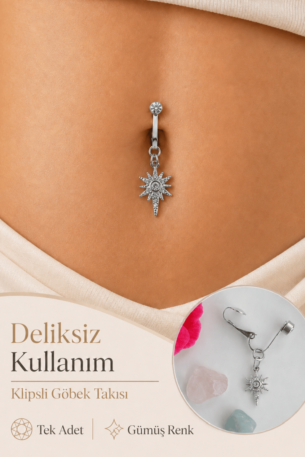 Delik Gerektirmeyen Kutup Yıldızı Figürlü Sıkıştırmalı Göbek Piercingi Mıknatıslı