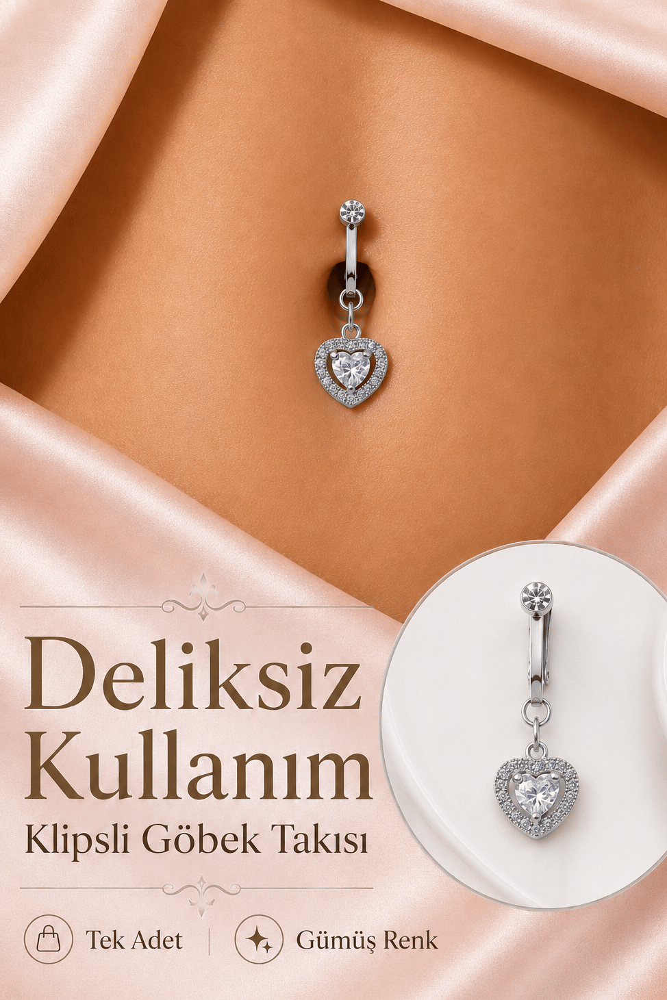 Delik Gerektirmeyen Prenses Kalp Figürlü Sıkıştırmalı Göbek Piercingi Mıknatıslı