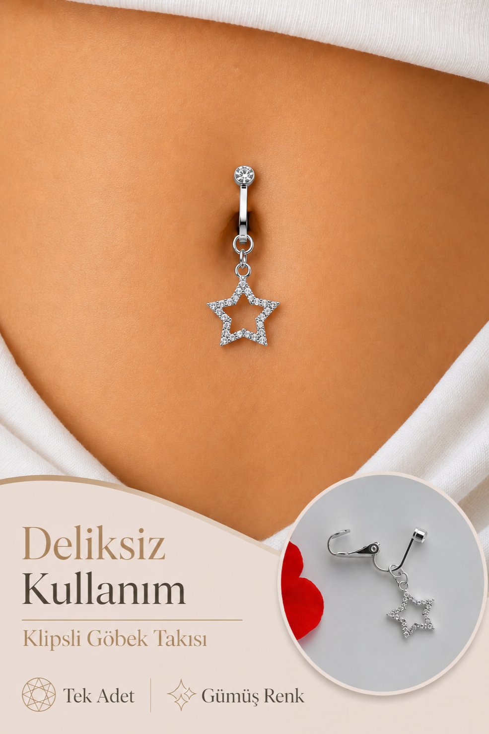 Delik Gerektirmeyen Yıldız Figürlü Sıkıştırmalı Göbek Piercingi Mıknatıslı