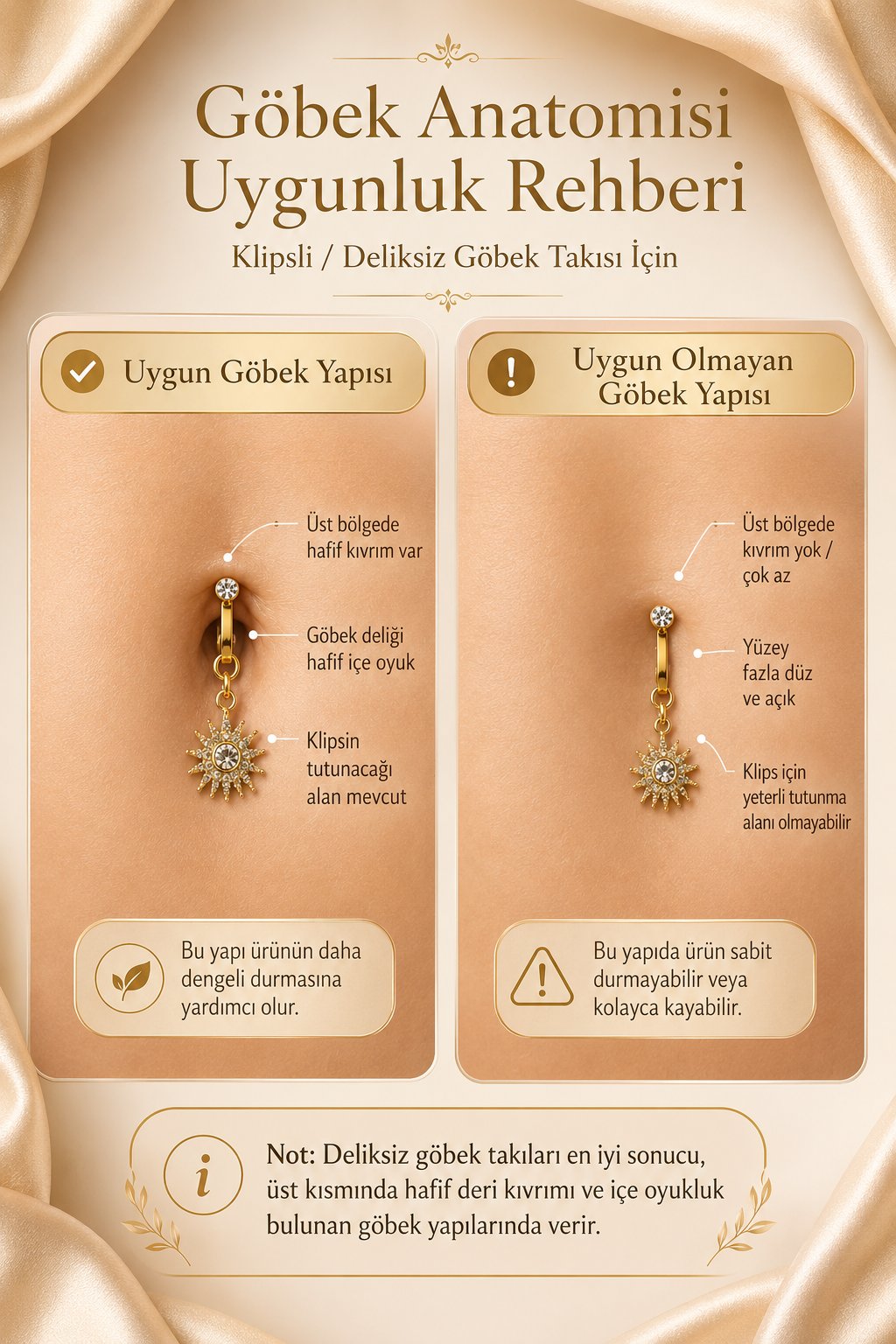 Deliksiz Göbek Piercingi Klipsli Fiyonk Model Zirkon Taşlı Sıkıştırmalı Göbek Takısı Tek Adet