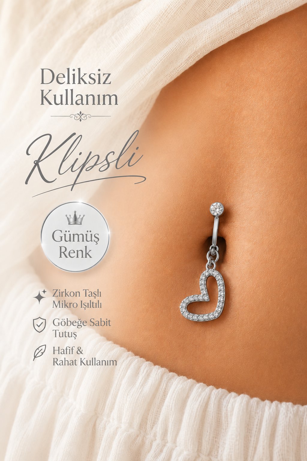 Deliksiz Klipsli Asimetrik Kalp Figürlü Göbek Piercing Taşlı Sıkıştırmalı Göbek Takısı