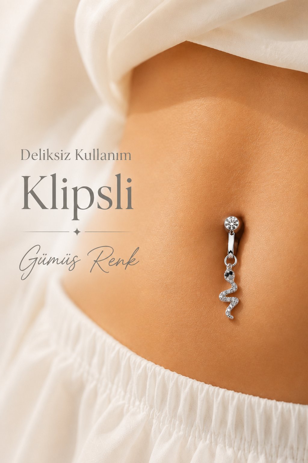 Deliksiz Klipsli Yılan Figürlü Göbek Piercing Taşlı Sıkıştırmalı Göbek Takısı