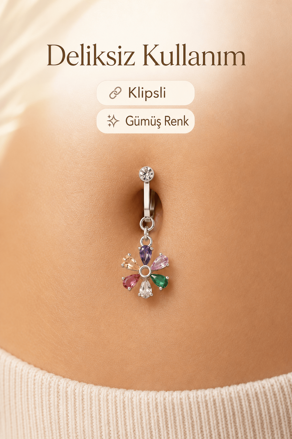Deliksiz Multicolor Çiçek Göbek Piercingi Klipsli Çelik Zirkon Taşlı