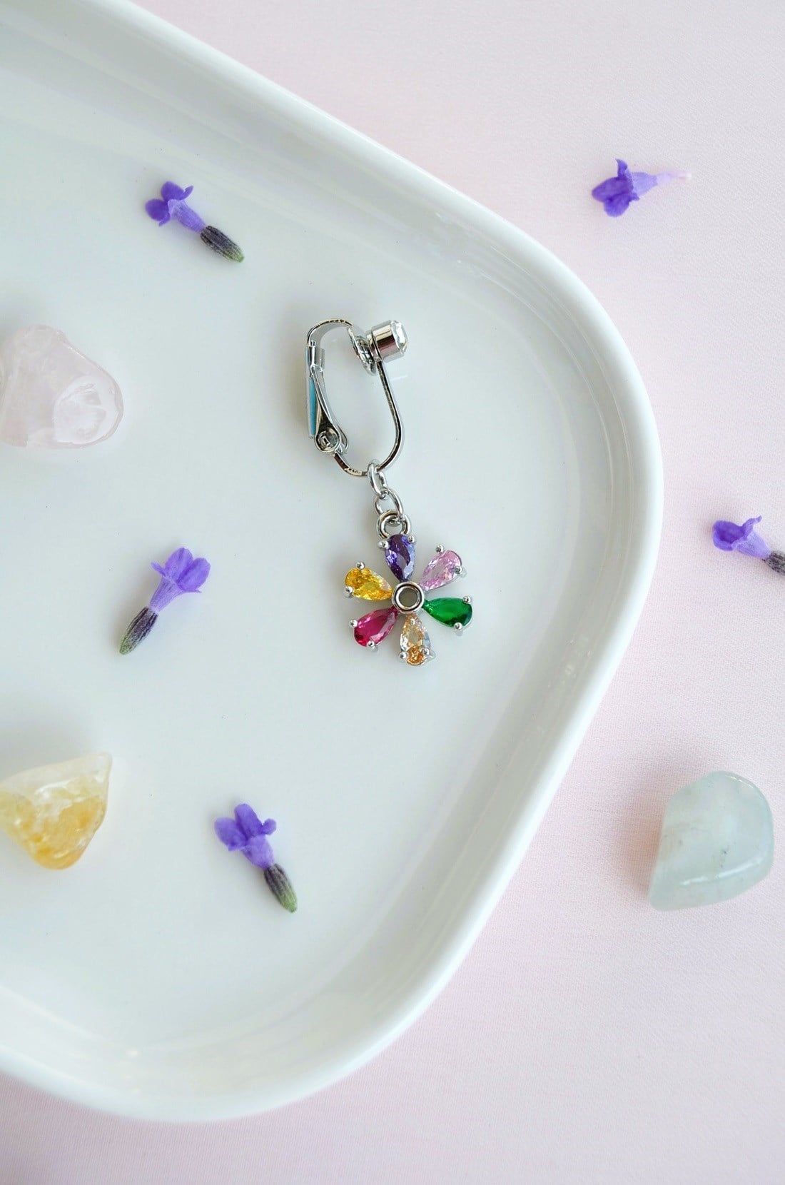 Deliksiz Multicolor Çiçek Göbek Piercingi Klipsli Çelik Zirkon Taşlı