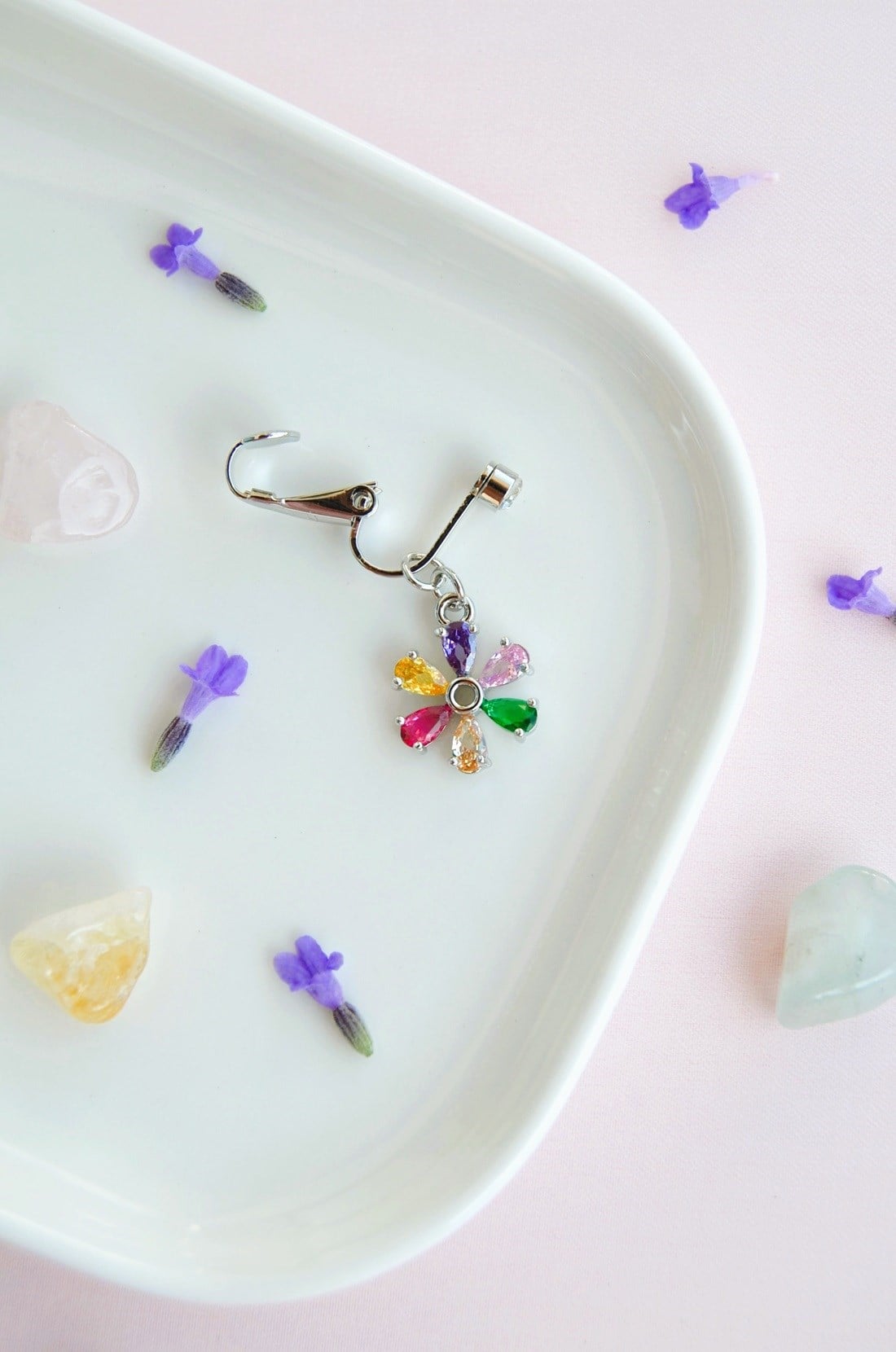 Deliksiz Multicolor Çiçek Göbek Piercingi Klipsli Çelik Zirkon Taşlı