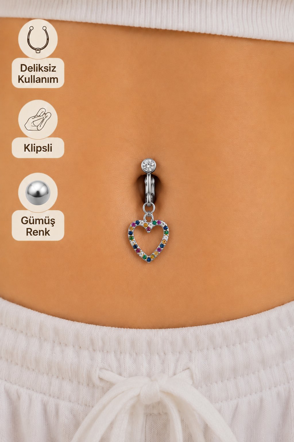 Deliksiz Multicolor Kalp Göbek Piercingi Klipsli Çelik Zirkon Taşlı