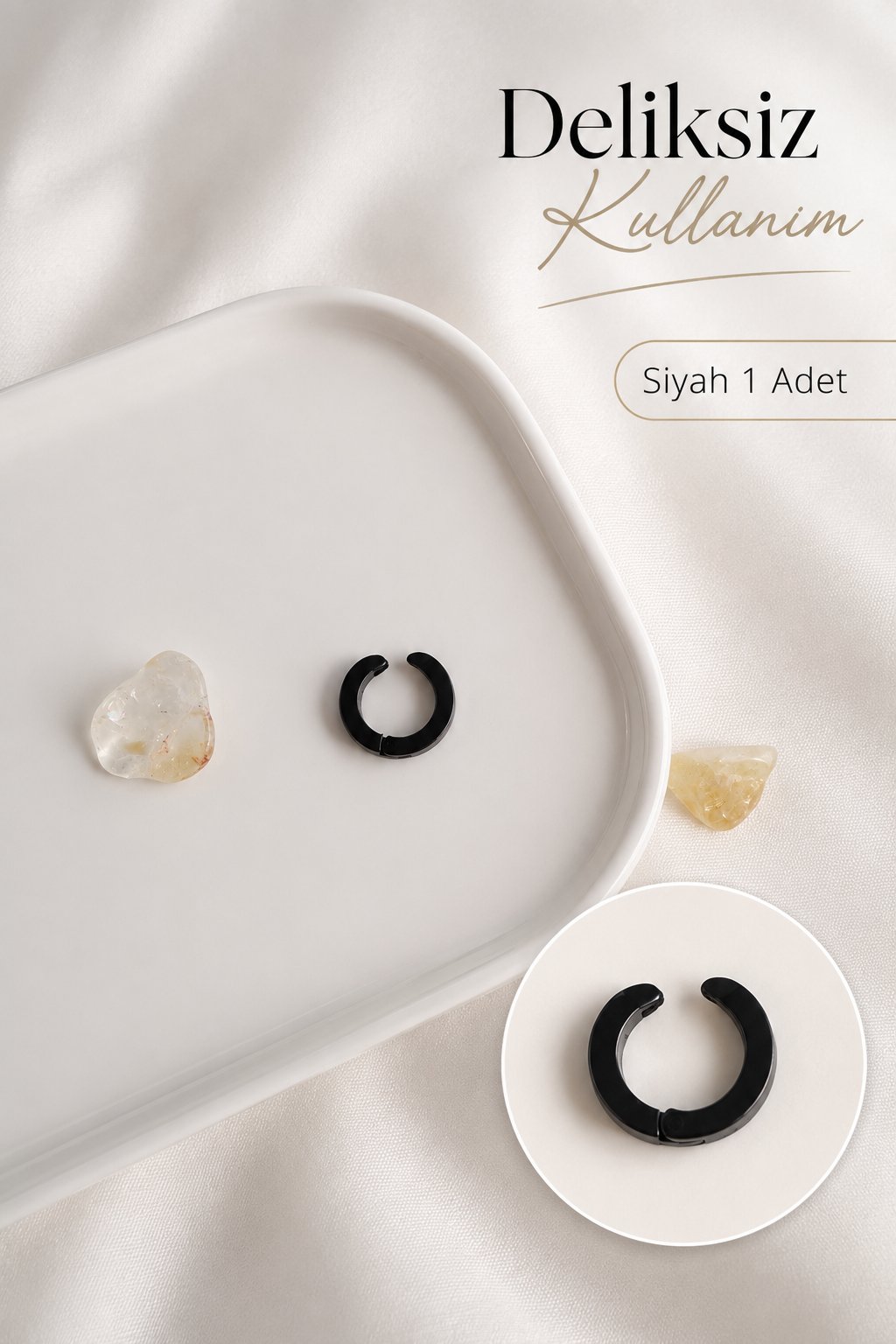 Deliksiz Siyah Çelik Halka Küpe ve Ear Cuff Sıkıştırmalı Erkek Küpe 1 Adet