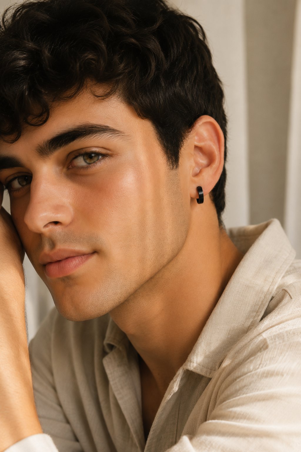 Deliksiz Siyah Çelik Halka Küpe ve Ear Cuff Sıkıştırmalı Erkek Küpe 1 Adet