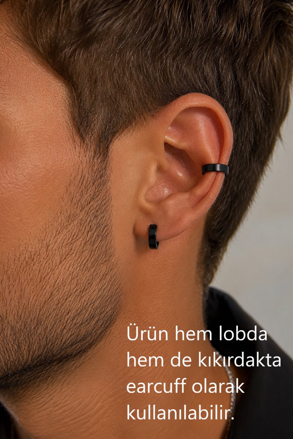 Deliksiz Siyah Çelik Halka Küpe ve Ear Cuff Sıkıştırmalı Erkek Küpe 1 Adet