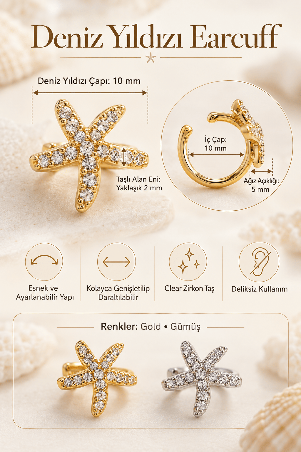 Deniz Yıldızı Figürlü Zirkon Taşlı Earcuff Sıkıştırmalı Kıkırdak Küpesi