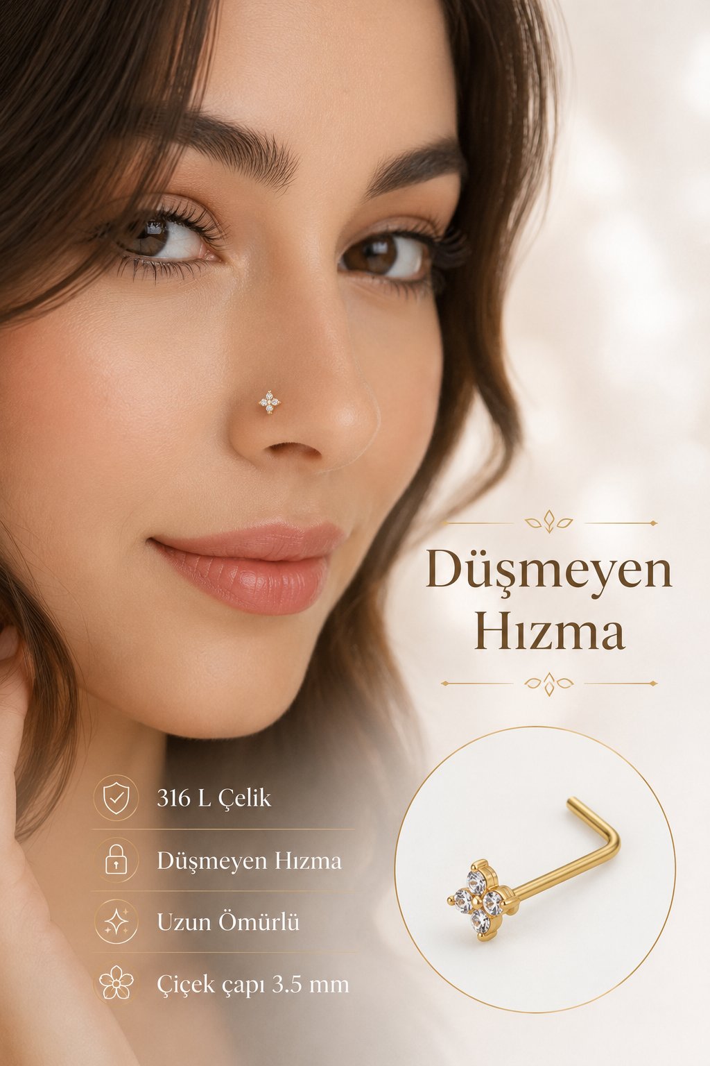 Düşmeyen L Model Çiçekli Çelik Burun Hızması 316L Zirkon Taşlı