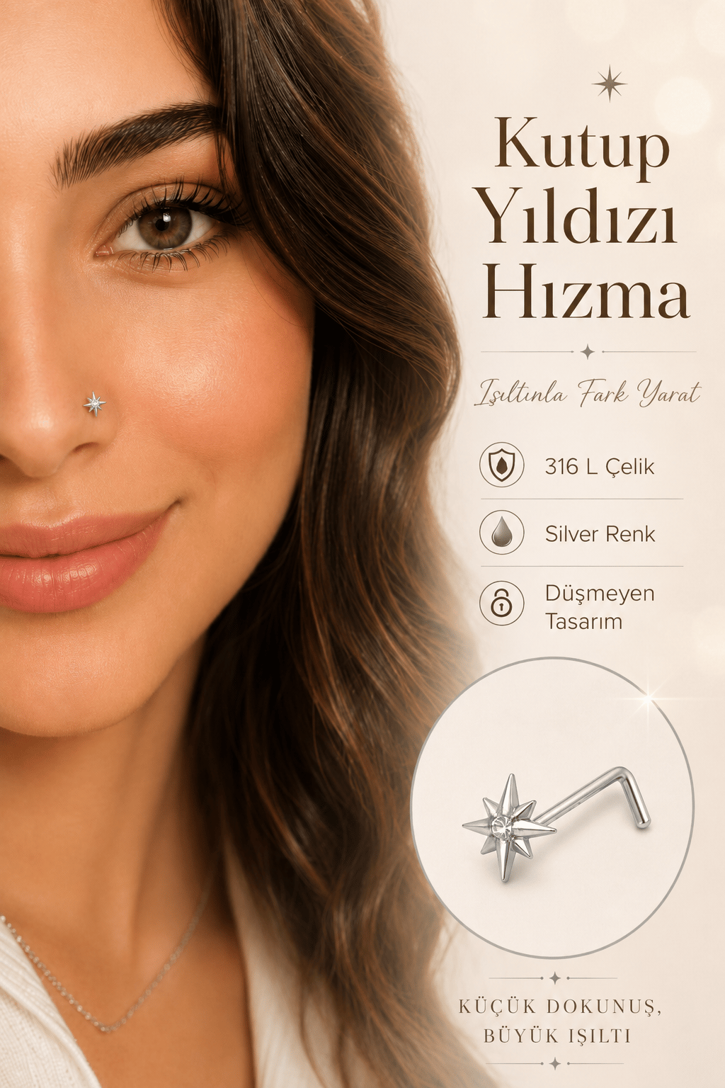 Düşmeyen L Model Kutup Yıldızı Çelik Burun Hızması 316L Zirkon Taşlı