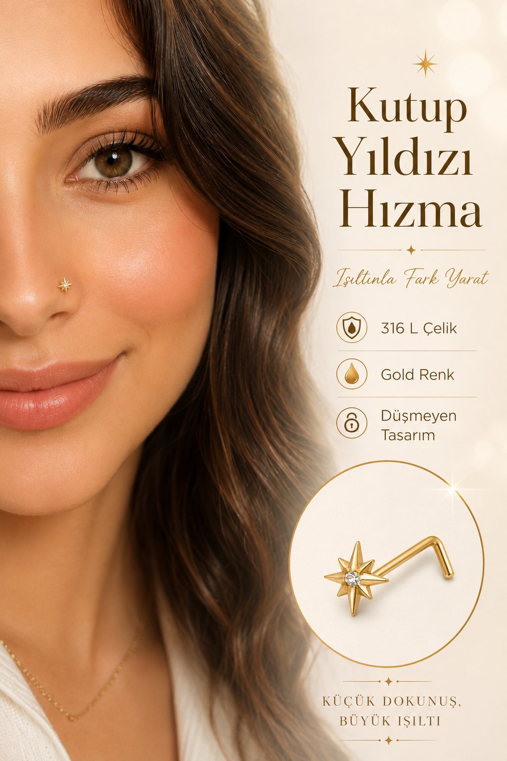 Düşmeyen L Model Kutup Yıldızı Çelik Burun Hızması 316L Zirkon Taşlı