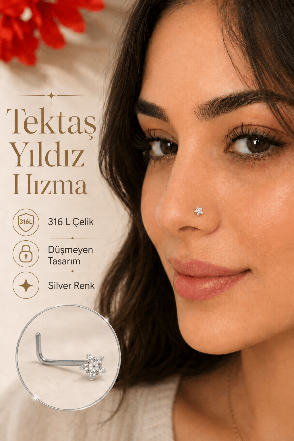 Düşmeyen L Model Yıldız Tektaş Çelik Burun Hızması 316L Zirkon Taşlı