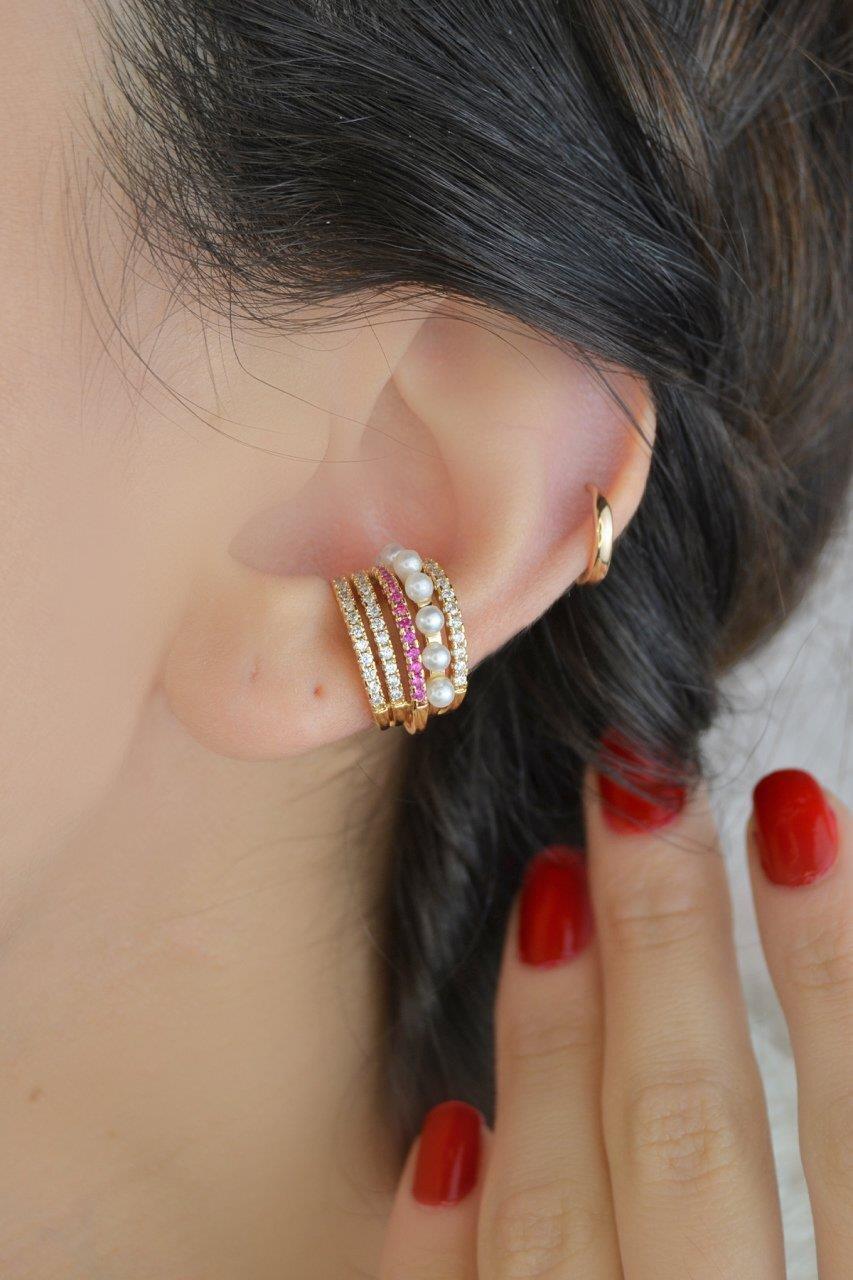 Earcuff Zirkon Taşlı İncili Sıkıştırmalı Kıkırdak Küpe