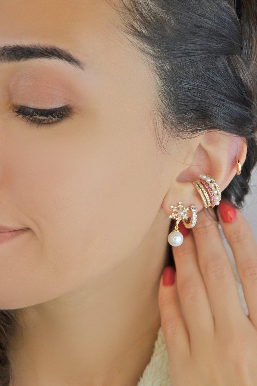 Earcuff Zirkon Taşlı İncili Sıkıştırmalı Kıkırdak Küpe