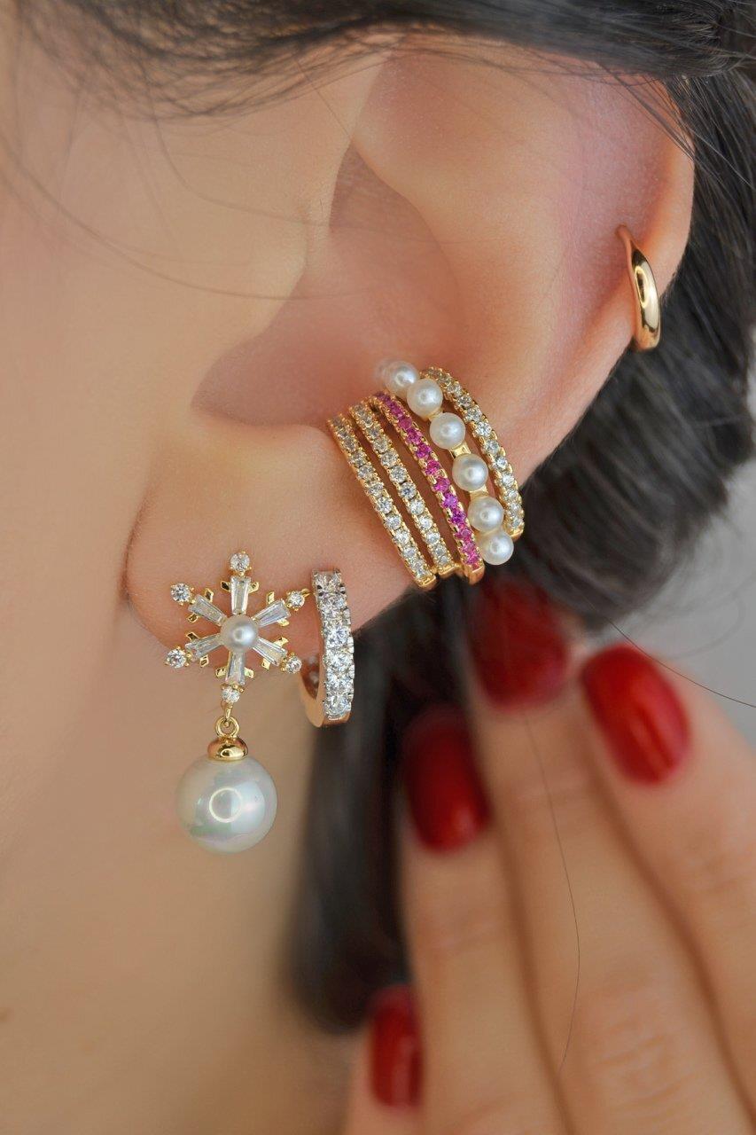 Earcuff Zirkon Taşlı İncili Sıkıştırmalı Kıkırdak Küpe